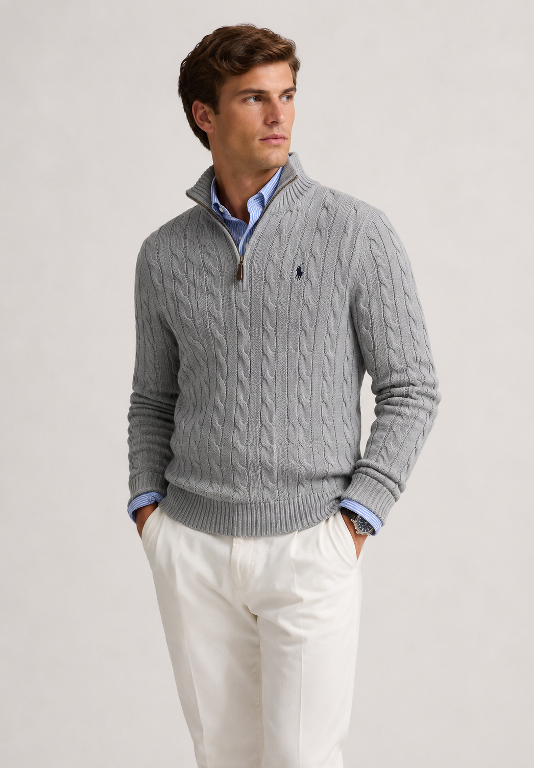 R.L HALF-ZIP CABLE KNIT COTTON